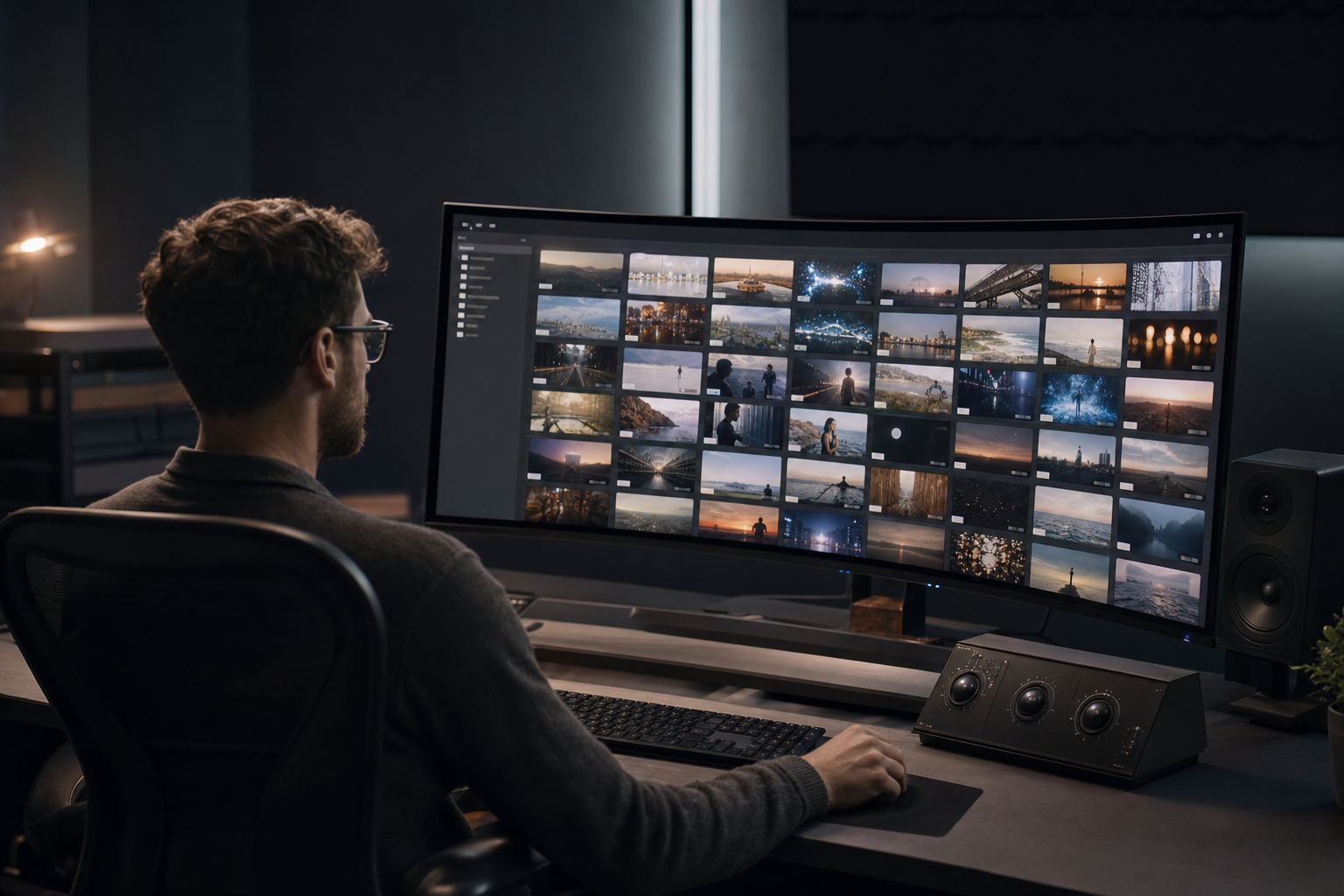 Editor browsing a stock footage library on a large monitor