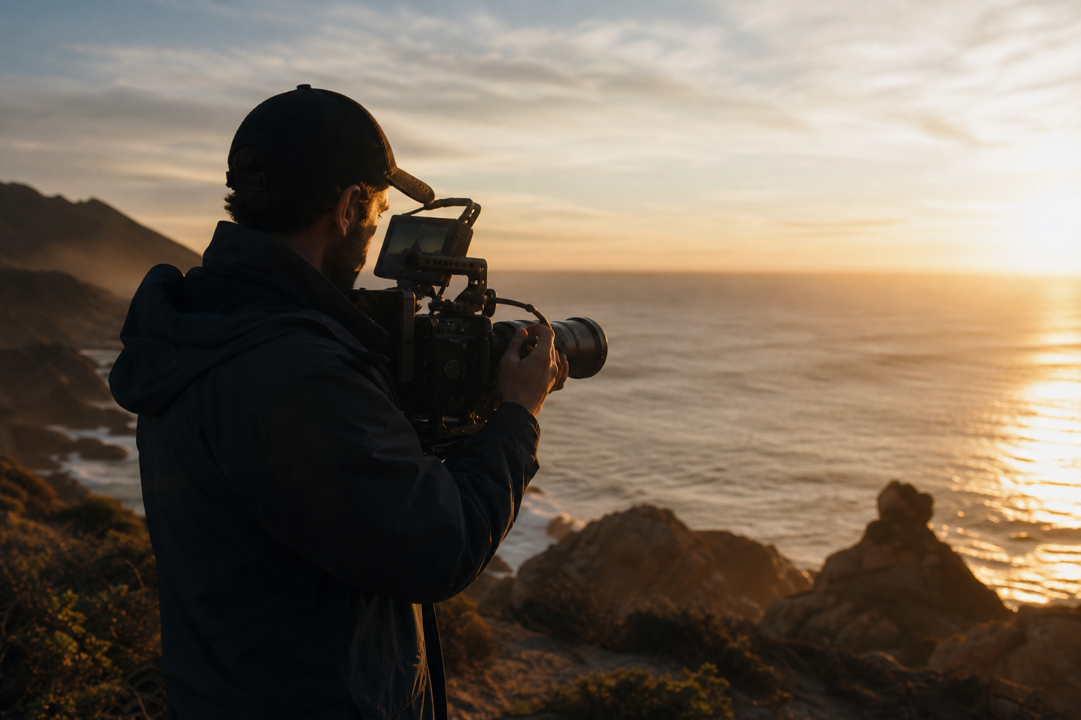 Cinematographer capturing scenic b-roll at golden hour